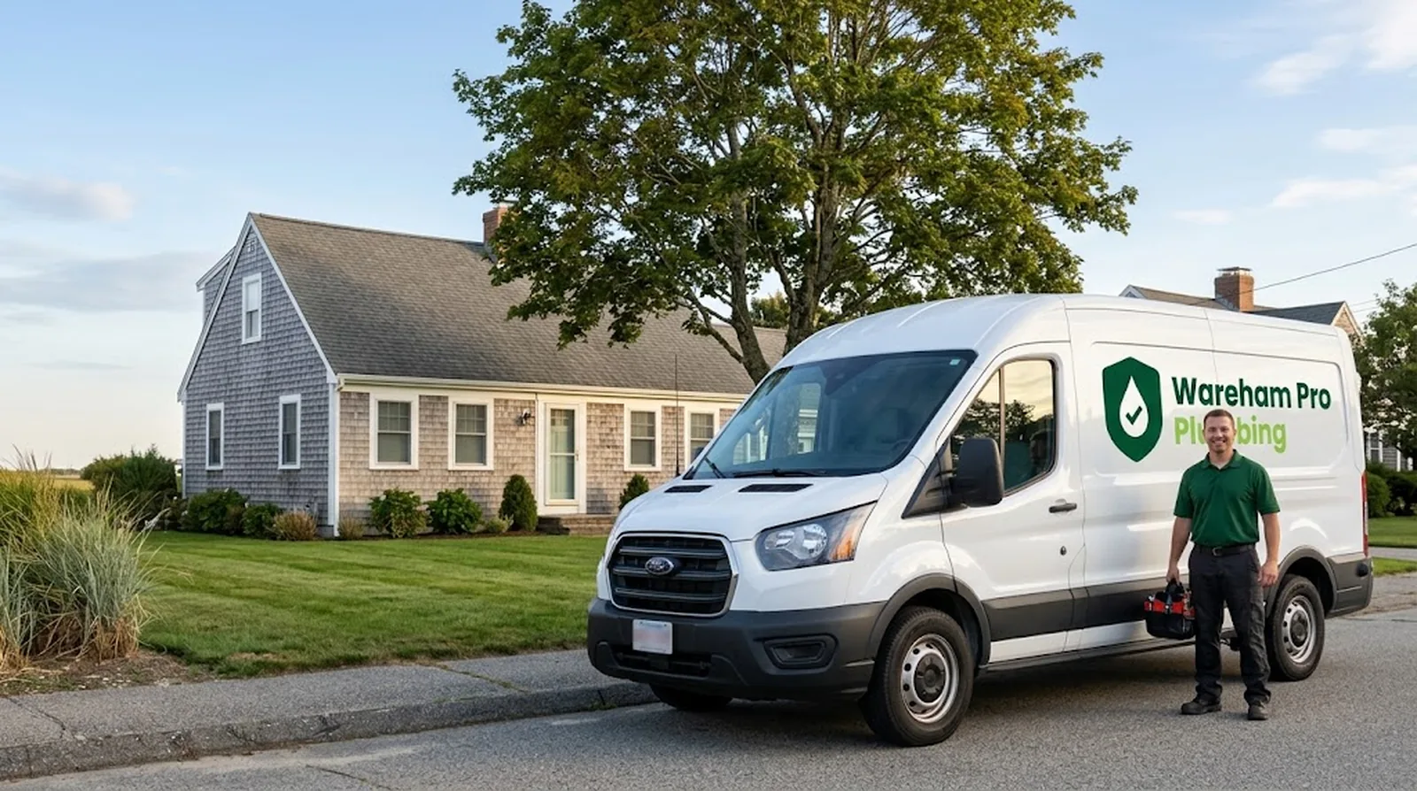 Wareham Pro Plumbing service van and licensed plumber outside a Cape Cod style home in Wareham, Massachusetts